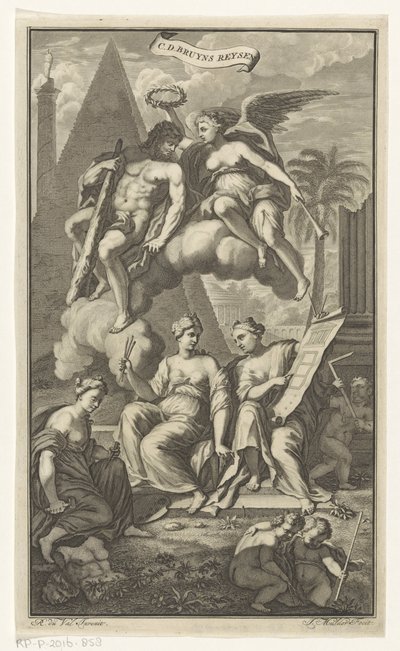 Hercules krönt av Victoria CD. Bruyns Reysen (titel på objekt) Titelsida för: Cornelis de Bruyn, Reizen, 1698 av Joseph Mulder