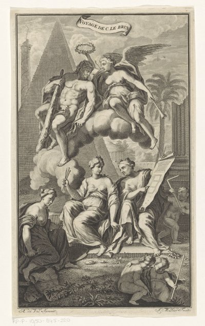 Hercules krönt av Victoria Voyage de C. le brun (titel på objekt) Titelsida för: Cornelis de Bruyn, Voyage au Levant, 1700 av Joseph Mulder