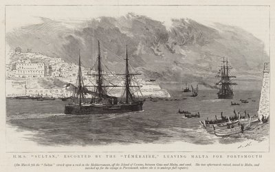 HMS Sultan, eskorterad av Temeraire, lämnar Malta till Portsmouth av Joseph Nash