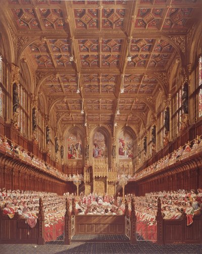 Drottning Victoria i House of Lords (färggravyr) av Joseph Nash