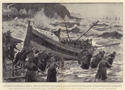 Hjältinnorna i Runswick Bay, kvinnor som sjösätter livbåten för att rädda sina män av Joseph Nash