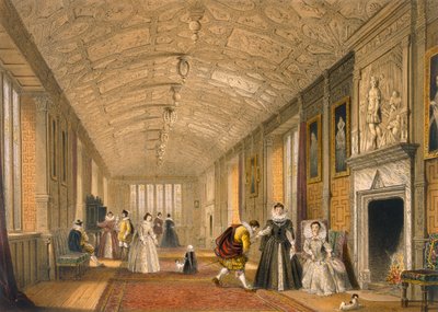 The Long Gallery at Lanhydrock, Cornwall, 1600, från Architecture of the Middle Ages, publicerad 1838 av Joseph Nash