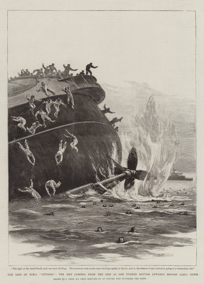 Förlusten av HMS Victoria, männen hoppade från skeppet när hon vände botten uppåt innan hon gick ner av Joseph Nash