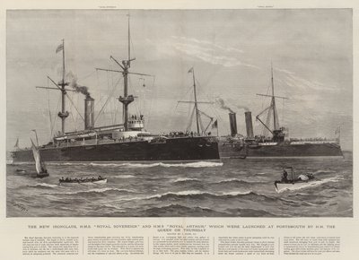 The New Ironclads, HMS Royal Sovereign och HMS Royal Arthur som lanserades i Portsmouth av HM the Queen på torsdagen av Joseph Nash