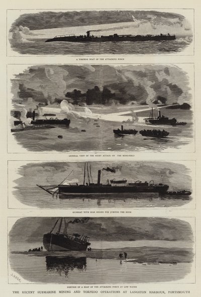 Den senaste ubåtsbrytningen och torpedverksamheten vid Langstone Harbour, Portsmouth av Joseph Nash
