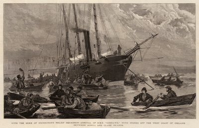Med hertigen av Edinburghs hjälpskvadron, ankomst av HMS Goshawk med butiker utanför Irlands västkust mellan Achill och Clare Islands av Joseph Nash
