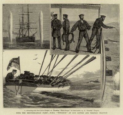 Med Medelhavsflottan, H M S Monarch vid Gun Cotton och Torpedo-övning av Joseph Nash