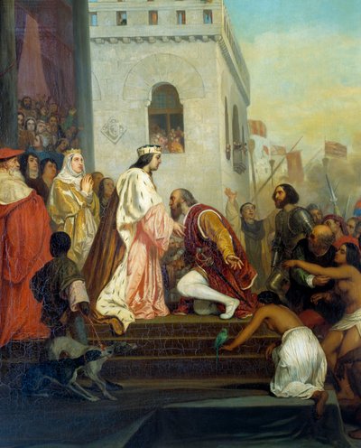 Mottagande av Christopher Columbus (1451-1506) av Spaniens kungar Ferdinand II av Aragonien och Isabella 1:a av Kastilien (kallad katolik) i Barcelona 1493. Upptäckaren återvänder med fångna indianer. Detalj. Målning av Joseph Nicolas Robert Fleury (1 av Joseph Nicolas Robert Fleury