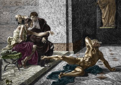 Representation av den romerska giftgräshoppan som försöker vid sidan av kejsar Nero (37-68) ett gift avsett för hans bror Britannicus (41-55) på en av hans slavar, 55 Gravyr efter en målning av Joseph-Noel Sylvestre (1847-1926) ) 1876 (romersk förgiftning  av Joseph Noel (after) Sylvestre