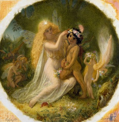 "Titania, prinsessa av älvornas gudar, och den unge indianen som hon har gjort till sin page" Illustration till "En midsommarnattsdröm" av William Shakespeare. Målning av Joseph Noel Paton (1821-1901) Privat samling av Joseph Noel Paton