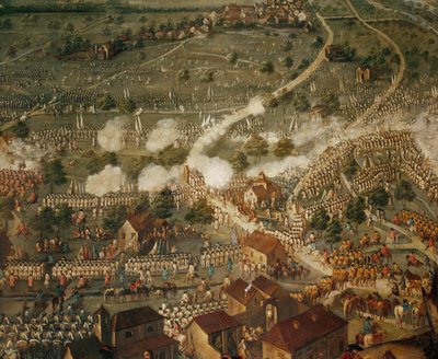 Spanska tronföljdskriget: Kejserliga trupper under befäl av prins Eugen av Savojen utmanövrerar franska trupper i slaget vid Malplaquet ... av Joseph Parrocel
