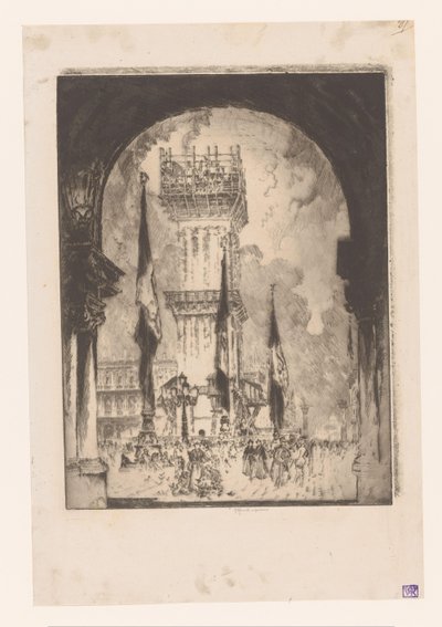 Campanile av Venedig i byggnadsställningar Återuppbyggnad av Campanile, nr. i av Joseph Pennell (signed by artist)
