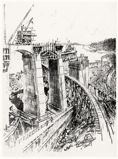 Approaches to the Gatun Lock, skylt VI från Panamakanalen av Joseph Pennell, 1912 (kol på papper) av Joseph Pennell