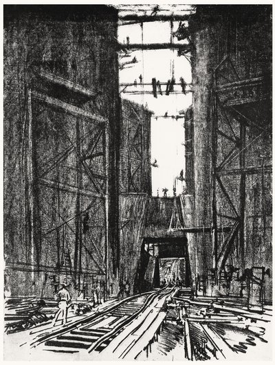 På botten av Gatun-slusset, plåt IV från Panamakanalen av Joseph Pennell, 1912 (kol på papper) av Joseph Pennell