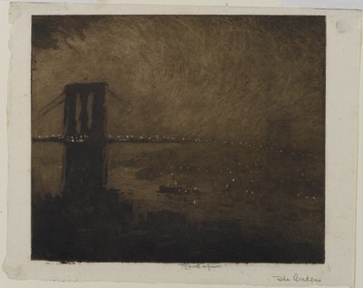 Brooklyn Bridge på natten, 1922 av Joseph Pennell