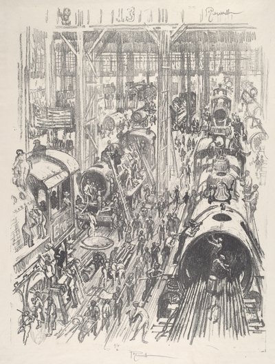 Bygga motorer för de allierade, 1917. av Joseph Pennell