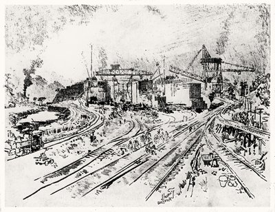 Building Miraflores Lock, skylt XXI från Panamakanalen av Joseph Pennell, 1912 (kol på papper) av Joseph Pennell