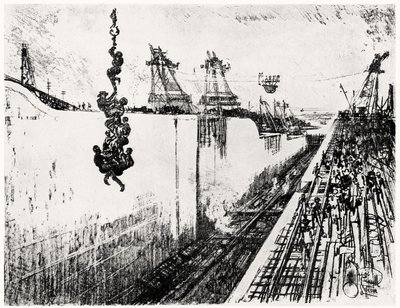 Dinner Time at Gatun, tallrik III från Panamakanalen av Joseph Pennell, 1912 (kol på papper) av Joseph Pennell