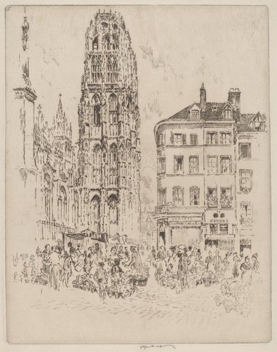 Blomstermarknad och smörtorn, Rouen av Joseph Pennell