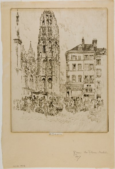 Blomstermarknad och smörtorn, Rouen av Joseph Pennell