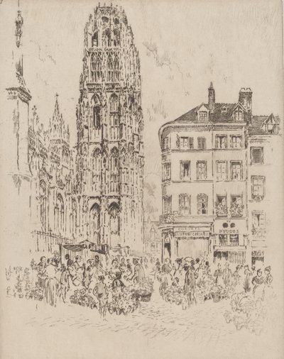 Blomstermarknad och smörtorn, Rouen, 1907. av Joseph Pennell