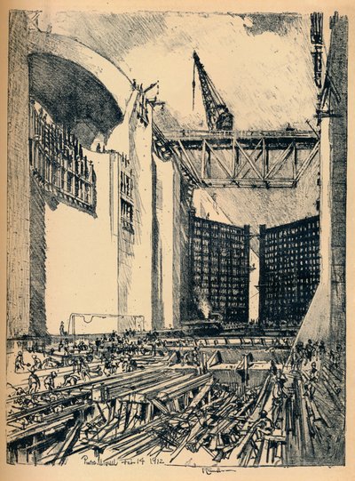 Att lägga golvet för Pedro Miguel Lock, 1912 av Joseph Pennell