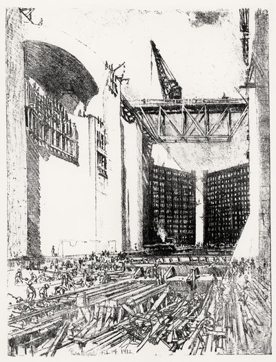 Att lägga golvet: Pedro Miguel Lock, skylt XVIII från Panamakanalen av Joseph Pennell, 14 februari 1912 (kol) av Joseph Pennell