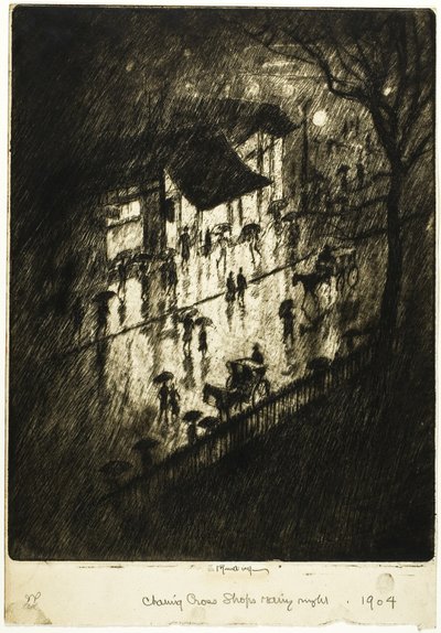 Regnig natt, Charing Cross-butiker av Joseph Pennell