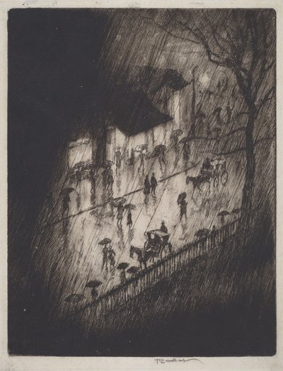 Regnig natt, butiker vid Charing Cross av Joseph Pennell
