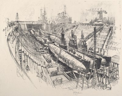 Ubåtar i torrdocka av Joseph Pennell