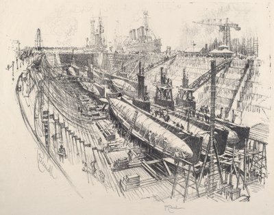 Ubåtar i torrdocka, 1917. av Joseph Pennell