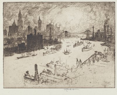 Solnedgång, från Williamsburg Bridge av Joseph Pennell
