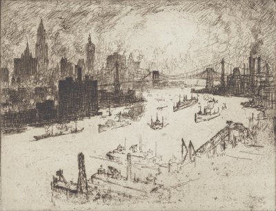 Solnedgång, från Williamsburg Bridge, 1915. av Joseph Pennell