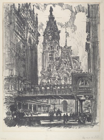 Stadshuset och bron över Market Street av Joseph Pennell