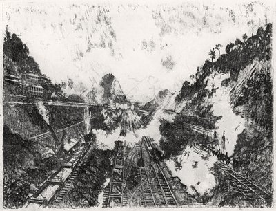 Snittet ser mot Ancon Hill, plåt XVII från Panamakanalen av Joseph Pennell, 1912 (kol på papper) av Joseph Pennell