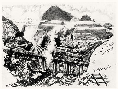 The Cut at Paraiso, plåt XVI från Panamakanalen av Joseph Pennell, 1912 (kol på papper) av Joseph Pennell