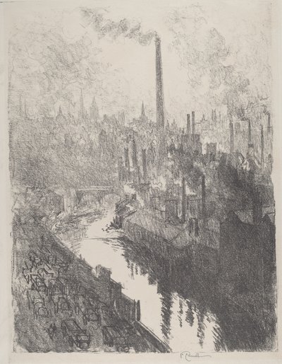 Den stora skorstenen, motorparken, 1916. av Joseph Pennell