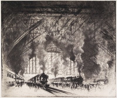 Tågen som kommer och tågen som går, Pennsylvania Railroad, Philadelphia, 1919 av Joseph Pennell