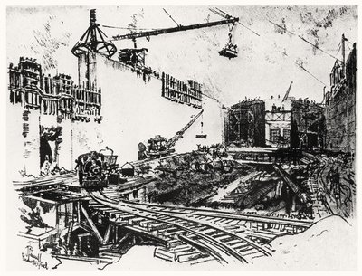 The Walls of Pedron Miguel, plåt XX från Panamakanalen av Joseph Pennell, 1912 (kol på papper) av Joseph Pennell