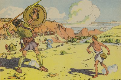 David och Goliat (färglitografi) av Joseph Porphyre Pinchon