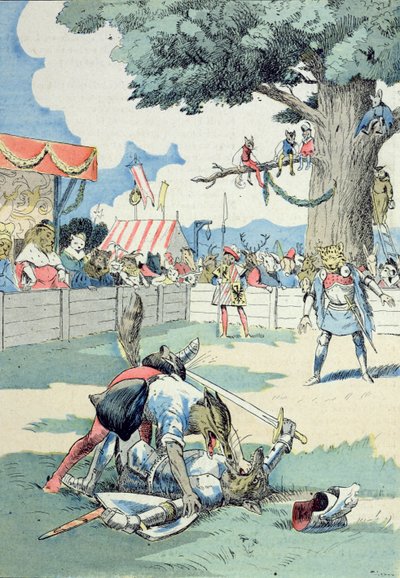 Slaget mellan Renard och Ysengrin, ur "The Adventures of Master Renard" av G. Le Cordier, ca 1900 (färglitografi) av Joseph Porphyre Pinchon