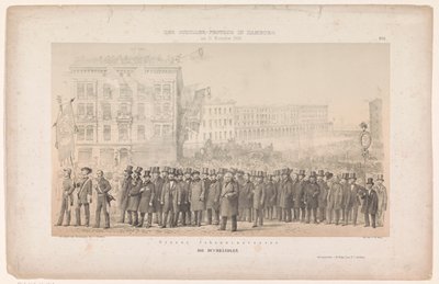 Optocht van bokhandel i Hamburg Grosse Johannisstrasse / The Booksellers (titel på objekt) Optocht i Hamburg tere van Friedrich von Schiller (serietitel) Schillertävlingen i Hamburg (serietitel på objekt) av Joseph Puschkin