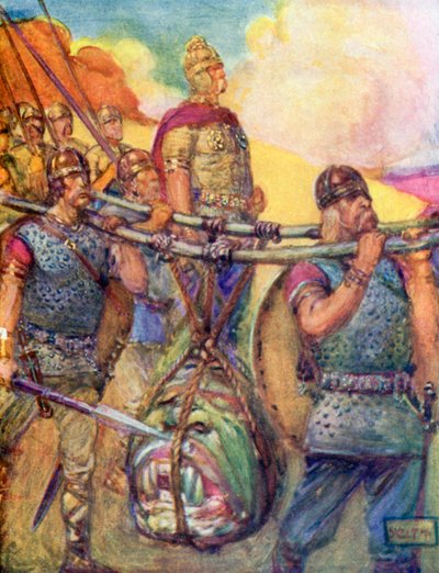 Bärande på Grendels avskyvärda huvud (färglitografi) av Joseph Ratcliffe (after) Skelton