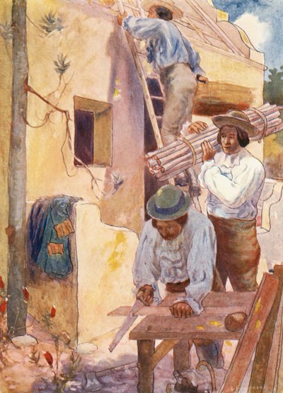 Hugenotter som bygger sina hemgårdar (färglitografi) av Joseph Ratcliffe (after) Skelton