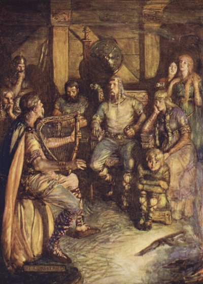 Glädjen sjunger Beowulfs gärningar (färg litho) av Joseph Ratcliffe (after) Skelton