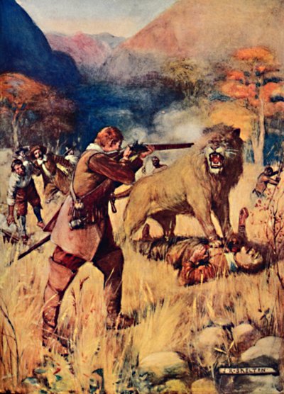 Ett stort lejon kom över en av männen, 1909 av Joseph Ratcliffe Skelton