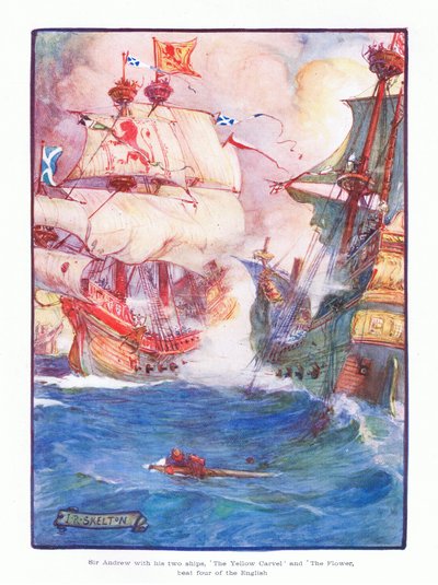 Sir Andrew med sina två skepp Yellow Carvel and the Flower, slog fem av de engelska skeppen, 1910 av Joseph Ratcliffe Skelton
