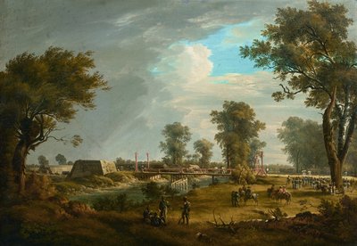 Scen från Napoleonkrigen: Bro i Lobau med franskt infanteri av Joseph Rebell