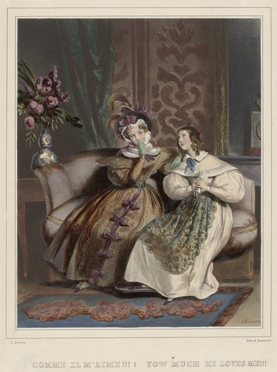 Kvinnorna. Trendigt galleri, ca. 1830: Hur han älskar mig!!! (...) av Joseph Rose Lemercier