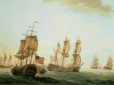 Sjöstrid mellan en brittisk ostindiefarare och ett franskt örlogsfartyg av Joseph Roux